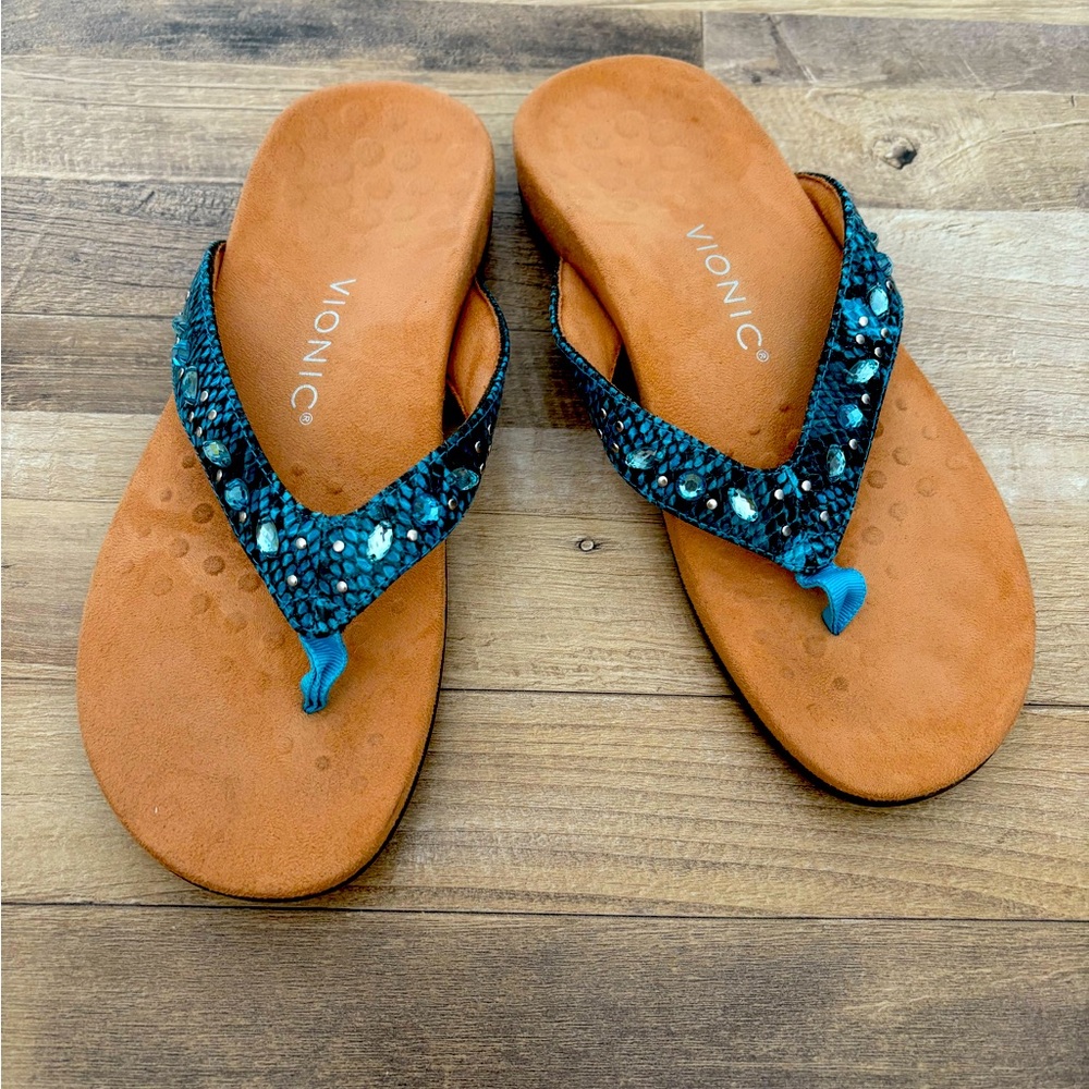 Vionic Turquoise Blue Snakeskin Embellished Sandals